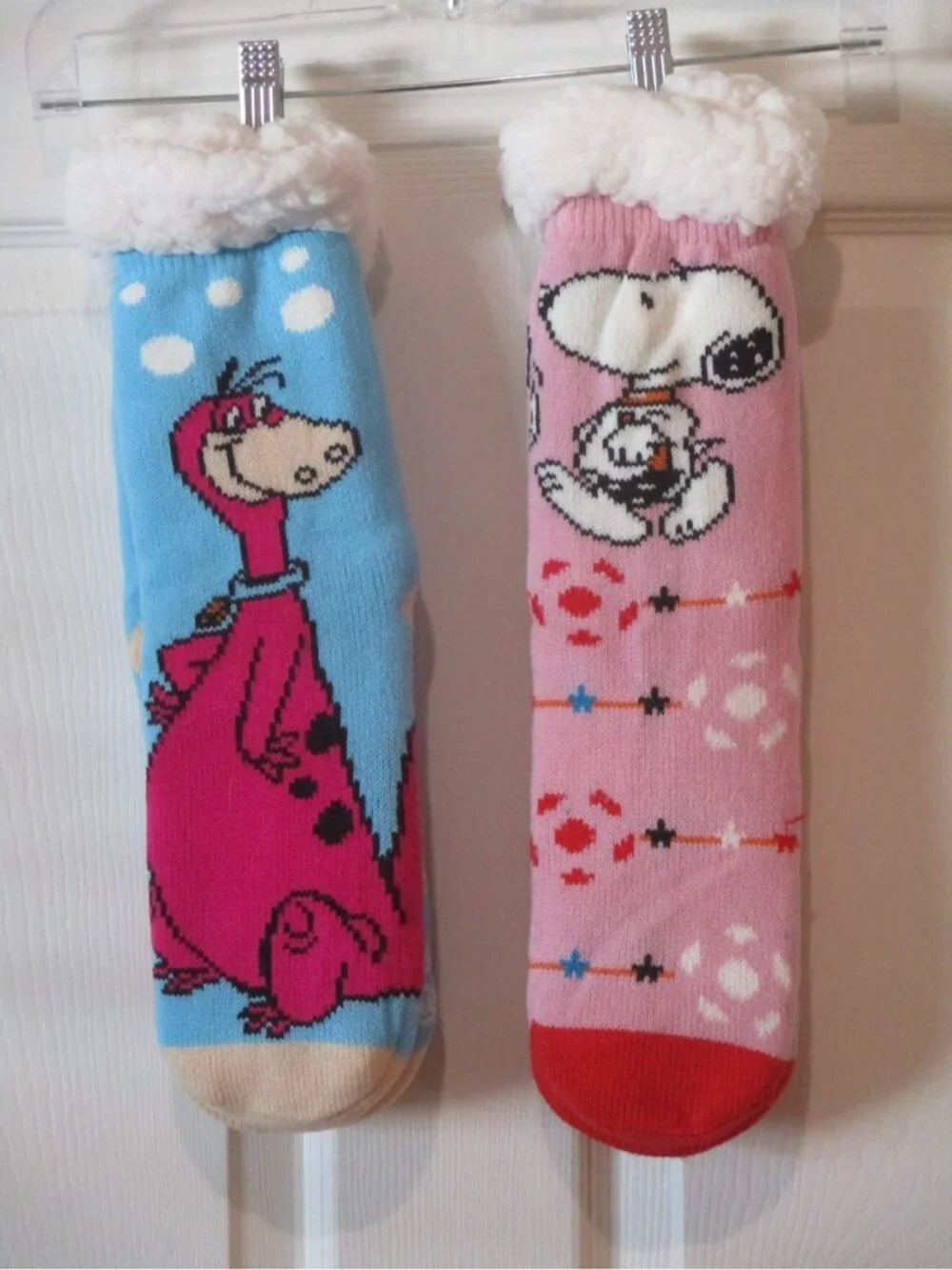Sherpa Theme Lined Socks Non slip Lot 2 Faux Fur 1 Flintstone 1 Peanuts New Bag